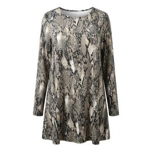 Boho Chic Women's MEDIUM Snakeskin Print Tunic Top Brown Long Sleeve Button Back